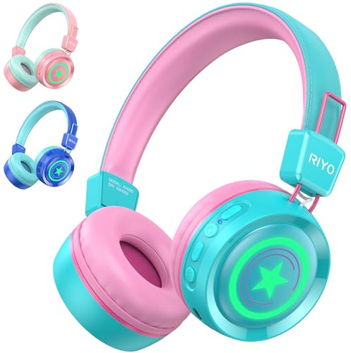 riyo Cascos Inalambricos Bluetooth Niña, Auriculares Inalambricos Niños con LED Diadema MAX Volumen 94dB Estéreo Auriculares Infantiles Plegable para Escuela/Viaje/Tableta/PC
