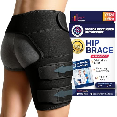 Dr. Arthritis Doctor Developed Hip Support Brace & Doctor Handbook - Sciatica Pain Relief Products - Thigh Compression Sleeve, Hamstring Support - Hip Support for Women & Men (L/XL, Black Right)