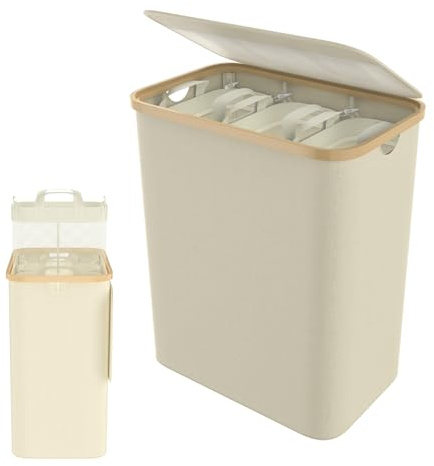 XINZI Wäschekorb mit Deckel, Faltbar Wäschesammler 3 Fächer Wäschesortierer mit Abnehmbarem Wäschesack Griffen Wäschebox Laundry Baskets für Waschküche, Schlafzimmer,140L (Beige)