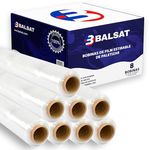 BALSAT | 8 Bobinas de film estirable de paletizar | Paquete ahorro de 8 Bobinas | Negro o Transparente | Calidad profesional | Ancho de bobina 50 cm | 23 My (Transparente)