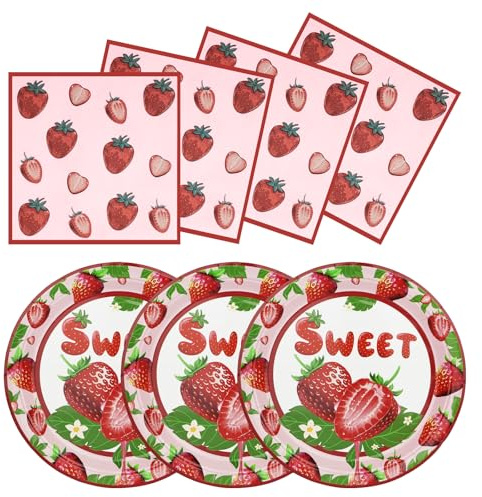 48Pcs Strawberry Berry First Birthday Plates and Napkins, 9 Sweet One Summer Fruit Party Plate Tableware for Baby Girls, Strawberry Party Supplies Decor Serves 24