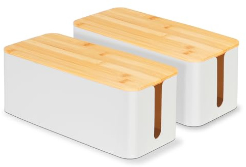 QOEOTUY Caja de cables grande para escritorio sin taladrar – 2 unidades organizador con tapa de bambú y enchufe | respetuoso con el medio ambiente contra enredos | Gestión de cables para PC, oficina