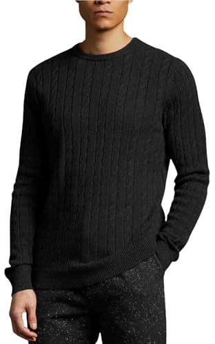 Mens Cable Knit Crew Neck Jumper Warm Weave Pullover Winter Fisherman Knitted Sweater Long Sleeve M to 2XL, Black, M