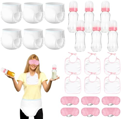 6 Sets Bottle Chug Baby Shower Games Plastic Baby Bottles Bibs Eye Mask Disposable Diapers Gender Reveal Games Baby Changing Diaper Race Game Decorations (Pink)
