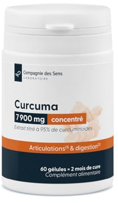 Curcuma 7900 mg – Extrait titré à 95% de curcuminoïdes – 150 mg par gélule – 60 gélules végétales – Cure 2 mois