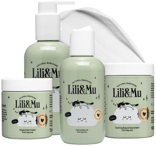 Lili&Mu - Crema idratante + Olio naturale per la cura + Crema allo zinco + Shampoo e gel doccia - Lozione cosmetica naturale per la cura dei bambini
