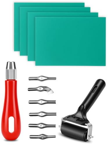 ZaKaBox Lino Printing Kit – for Lino Carving, Block Printing & DIY Crafts | Complete Lino Cutting Tools Set, 1pc Lino Cutter with 6 Blades, Brayer Roller & 4pc A6 Lino Sheets Included - No Ink