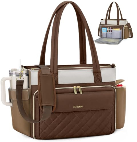 RAINSMORE Maletin Portatil Bolso Profesora Mujer 15.6 Pulgadas | Bolso Ordenador con Bolsillo Aislante y Portavasos, Multibolsillos, para Enfermera Trabajo Universidad