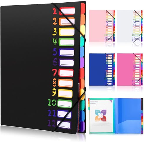 DESPOINA Carpeta Clasificadora A4 con 12 Pestañas, Carpeta Divisora y Organizador de Documentos, Fundas de Plástico Transparente Libre de Ácidos, para Casa y Oficina, Multi Colour (Negro)