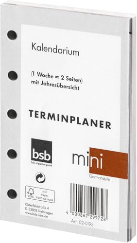 bsb Ersatzeinlage Kalendarium, 2026, ca. A8, 5-Fach Lochung, Mini Terminplaner Organizer, 02-0195