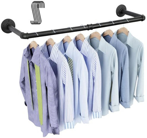 OROPY Industrial Pipe Clothing Rack 38.4, Heavy Duty Detachable Wall Mounted Clothes Rack Black Iron Garment Bar, Multi-purpose Hanging Rod for Closet Storage, Black (Two Base)