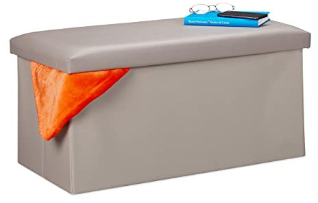 Relaxdays Sitzbank mit Stauraum, Kunstleder, faltbar, gepolstert, Flur, Schlafzimmer, HBT 37,5 x 76,5 x 38,5 cm, grau