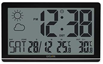 Explore Scientific RDC8001 Orologio da Parete Jumbo Radio-Controllato,visualizza temperatura interna/esterna, 1 Sensore incluso, Previsioni del Tempo ad icone, nero