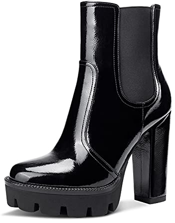NobleOnly Femme Plateforme Chelsea Boots Cheville Fermeture Eclair Bloc Talon 12CM High Heels Bottes Noir Vernis Chaussures EU 43
