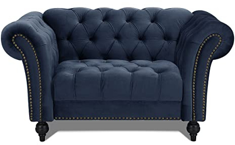 Home Detail Velvet Fabric Chesterfield Sofa Upholstered 1.5 2 & 3 Seater Curved Settee Set Living Room Suite (1.5 Seat Sofa Only, Midnight Blue)