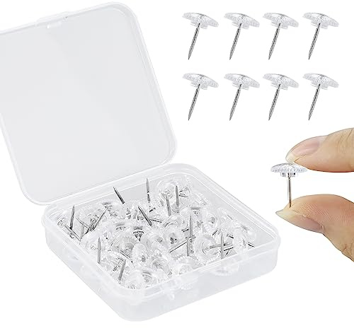 50 transparente Reißzwecken, Kunststoff, transparente Reißzwecken, Zeichenstifte mit Aufbewahrungsbox, Reißnägeln für Wandbehänge, Korktafel, Karten, Poster, Fotos, Pinnwand,