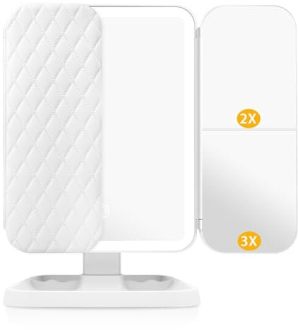 Auxmir Schminkspiegel mit Beleuchtung, 2000mAh Wiederaufladbar Kosmetikspiegel mit 1X/2X/3X Vergrößerung, Faltbar Tischspiegel Vergrößerungsspiegel mit Licht, Touchschalter und 3 Lichtfarben, Weiß