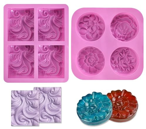 Seifenformen Silikon, 2 Stück 4 Hohlräume Silikonformen für die Seifenherstellung, DIY Silikon Seifengießform Set für Seife, Schokolade, Kuchen, Muffins, Cupcakes, Kerzen, Rechteckige Runde Backformen