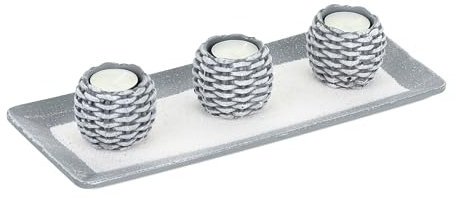 Relaxdays Portavelas, Set con Bandeja, 3 Candeleros y Arena Decorativa, Centro de Mesa Salón, Velas, Gris y Blanco