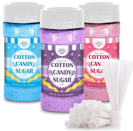 Cotton Candy Floss Sugar Package of ct-(Pink Vanilla, Blue Raspberry & Grape)-8.5oz Each Flavor W/ 50 Paper Cones