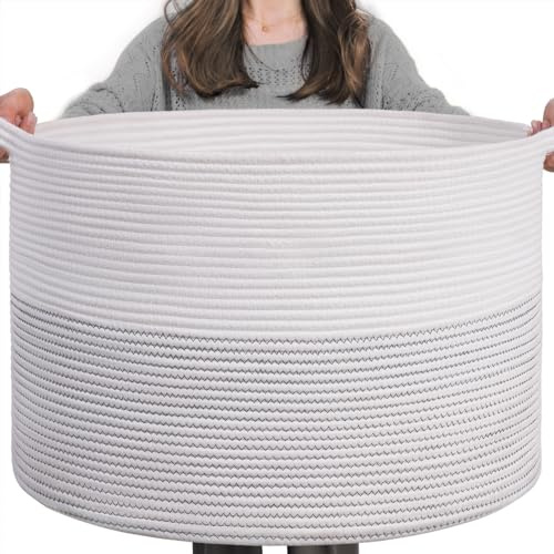 TIMEYARD XXL Grand panier à linge, panier de rangement, panier à linge enfant, panier de rangement pour jouets en corde de coton, avec anse pour couvertures et coussins, 55 x 35 cm, blanc