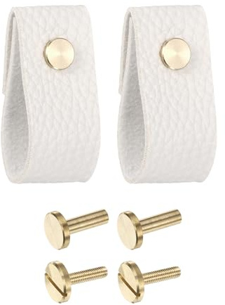 QUARKZMAN Lot de 2 Poignées de Tiroir en Cuir, Remplacement des Boutons Traditionnels pour Tiroir de Commode, Placard de Cuisine, Blanc
