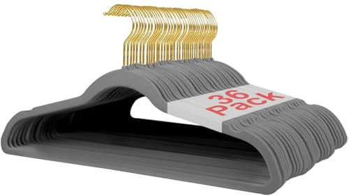 Wellong Kleiderbügel Samt, 45 cm rutschfeste Filz Bügel, Stabile Anzugbügel mit Schulterkerben, Platzsparende Kleiderbügel für Mäntel, Hosen, Silbe, 36 Stück – Grau mit Goldene Haken
