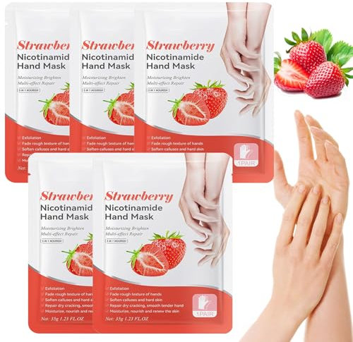Maschera per Mani con Estratto di Fragola, Hand Mask, Confezione da 5 Pezzi, Guanti Idratanti per la Sbiancamento Cura delle Mani, Per la Pelle Secca, Invecchiata e Screpolata
