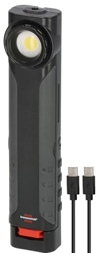 Brennenstuhl Rechargeable LED Torch HL 600 AD/Dynamo Work Light with USB C Cable (600+180lm, IP54, IK08, Inspection Lamp with up to 15h Light Duration, Integrated Hook and Magnets)