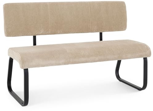 IDIMEX Banc de Salle à Manger MATESE L 135 cm en Velours côtelé Beige avec Dossier Structure métal, 3 Places, Blanc Assise rembourrée Confortable Moderne