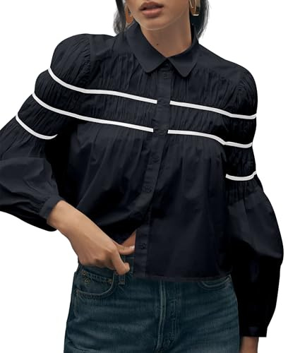 Dsewpaur Women Button Front Shirred Blouse Peter Pan Collar Contrast Balloon Long Sleeve Shirt Top, Black, M