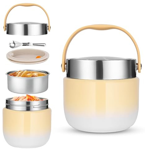 DUBUOZA Portapranzo Termico per Alimenti 1200ml Contenitore Termico per Alimenti Caldi con Cucchiaio Pieghevole per Conservare Porridge,Zuppa,Frutta,Yogurt e Pranzi (Giallo)