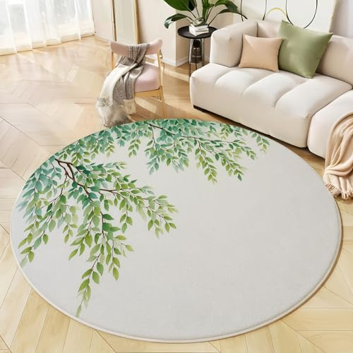 Disegno Ramo Salice Piangente Tappeto Rotondo Salotto, Morbido Illustrazione Pianta Minimalista Tappetini Antiscivolo Tappeto per Cameretta Casa Zona Balcone Tappet Tavolino (Verde Chiaro,160cm)