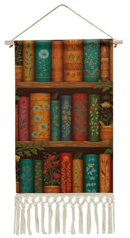 Jubonexis Arazzo da parete in lino, stravagante libreria con libri colorati, poster da parete vintage con nappe e asta in legno