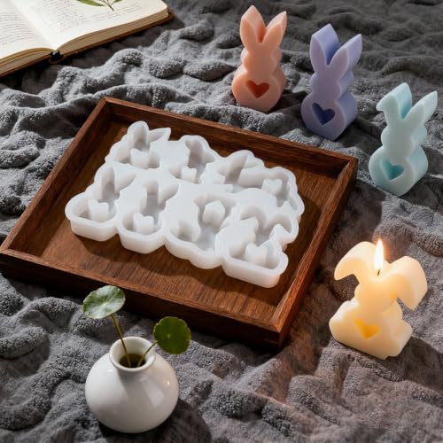 Moule Silicone Bougie de Pâques avec 7 Motifs Lapins et Cœurs, Moule Silicone 3D Lapin Pâques Réutilisable, pour Créations DIY Bougies et Savons