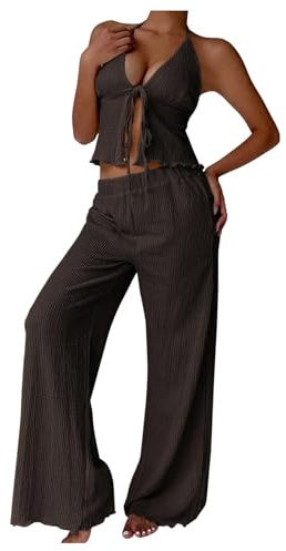 GORGLITTER Coord Sets for Women UK Travel Outfit Slit Tie Front Halter Top Wide Leg Pants Sets 2 Piece Sexy Summer Outfit Airport Set Brown Medium