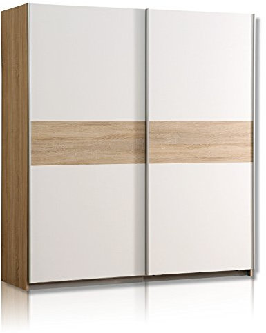 Forte WINNIE Schrank 170, Skandinavischer Schwebetürenschrank mit 2 Türen, Einlegeböden und Kleiderstange, Holzwerkstoff, Sonoma Eiche Holzdekor / Weiß, 170 cm breit x 190,5 cm hoch x 61 cm tief