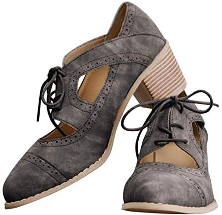 JITUUE Oxford Chunky Heels Brogue Saddle Lace up Vintage Wingtip Grey 6.5