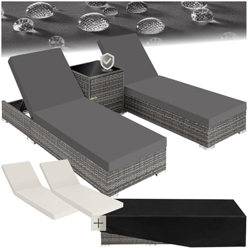 tectake® Set 2 Tumbonas de Ratán y Aluminio + Mesa Jardín, Tumbonas Piscina Respaldo Regulable, Tumbonas Playa Resistente a Rayos UV, Fácil Limpieza, Fundas Intercambiables, Funda Protectora - Gris