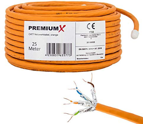 Premium X CAT 7 Netzwerkkabel 25m LAN Kabel Simplex Kupferkabel Ethernet Datenkabel S/FTP PiMF PoE Eca Kat7 Verlegekabel Installationskabel für müheloses Verlegen