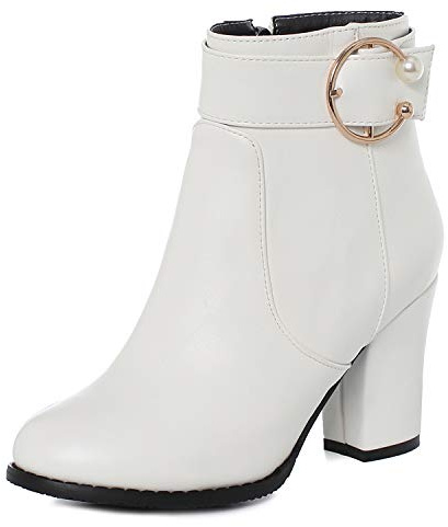 CuteFlats Fritidsstövletter för kvinnor med blockklack och rund spets, Pu vit, 39 EU