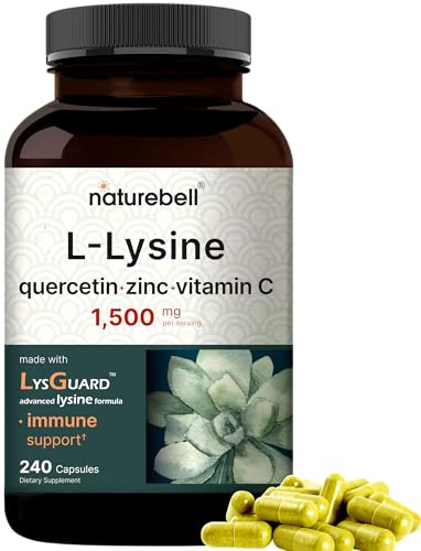 NatureBell L-Lysine 1,000mg Capsules + Quercetin 250mg with Vitamin C and Zinc, 240 Count | Free Form Amino Acids, L Lysine Complex | Immune Support, Lip & Skin Health Supplement