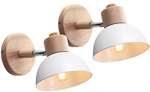 iDEGU 2 Piezas Apliques de Pared Moderno, Lámparas de Pared para Dormitorio Simple E27 Iluminación Interior Luz de Pared en Madera Hierro Ajustable Foco de Pared para Pasillo Salón Cafetería (Blanco)