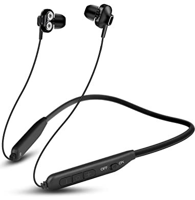 MAS CARNEY Wireless Bluetooth in-Ear Earphones BI2,Neckband Magnetic Headphones with Microphone Dual Drivers for Phone Call Music Running Sports Gym, Black