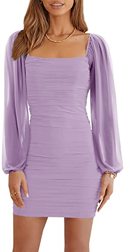 Wenrine Damen Kleider Party Cocktail Club Bodycon Kleid Hochzeitsgast Mesh Langarm Square Neck Minikleid Slim Fit(Hellviolett,S)