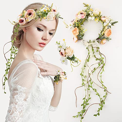 Bandeau à Cheveux Mariée Couronne Floral Fleur Artificiel Serre Tête Mariage Headband Réglable et Bracelet Fleur Accessoires de Coiffure pour Fête Mariage Anniversaire Femmes Filles