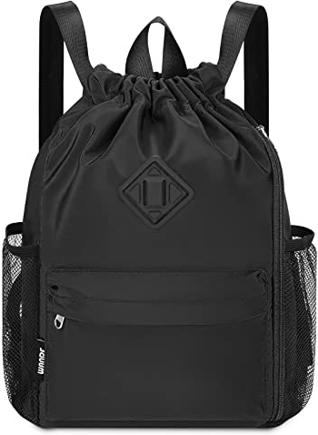 WANDF Drawstring Backpack Sports Gym Bag with Shoes Compartment, Water-Resistant String Backpack Cinch for Women Men (Black,Medium)