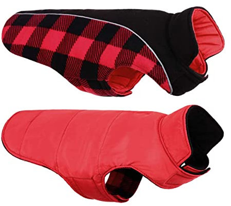 CITÉTOILE Warme Hundemantel Winter, Hundemantel mit Bauchschutz, Wintermantel für Hunde mit Reflektierend, Wendbarer Hundejacke Hundekleidung mit Geschirrloch, Rot, XS