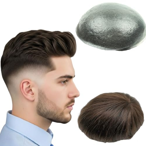 N.L.W. Parrucca Uomo PU Toupet Pezzi di Capelli Umani Europei per Gli Uomini Sostituzione dei Capelli Sistema 8×10 Pollici Parrucche 0.06 Centimetri di Spessore Uomini Parrucca in Marrone intenso
