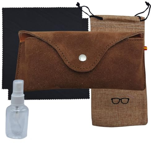 Planta Color Funda de Gafas para LLevar en el Cinturón. Con Cierre de Botón. Hecho Artesanalmente en España. Incluye Funda de tela, 2 Gamuzas, y Bote para Líquido de Limpieza de Gafas.